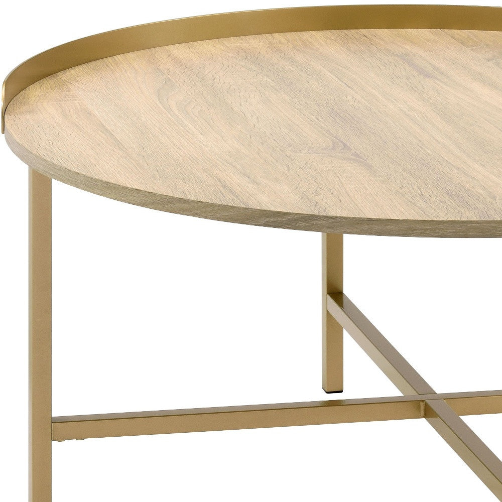 34" Oak and Gold Wood And Metal Round Sled Coffee Table