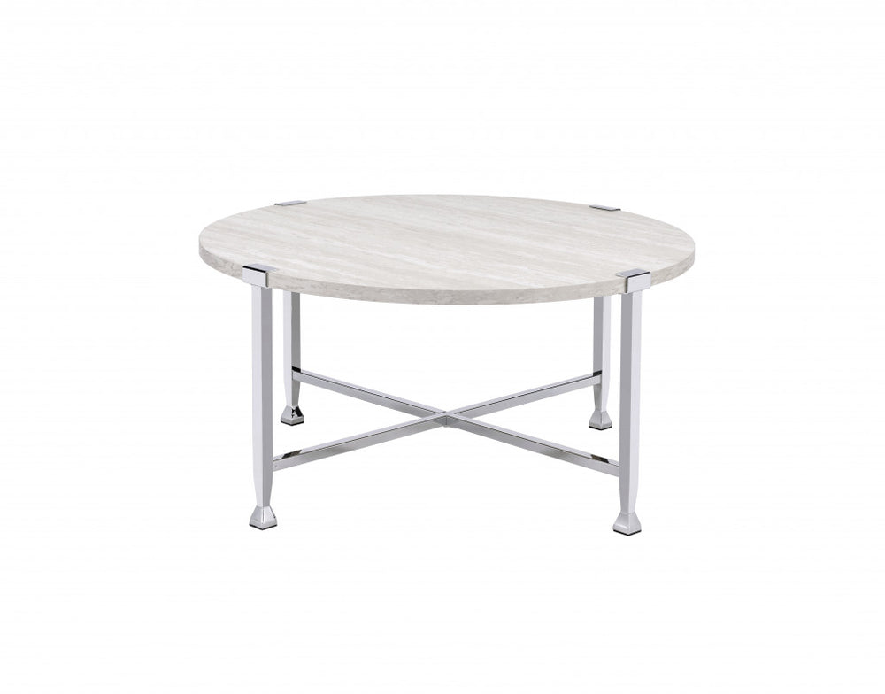 36" White and Silver Metal Round Cross Legs Coffee Table