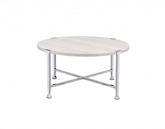 36" White and Silver Metal Round Cross Legs Coffee Table