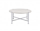 36" White and Silver Metal Round Cross Legs Coffee Table