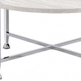 36" White and Silver Metal Round Cross Legs Coffee Table