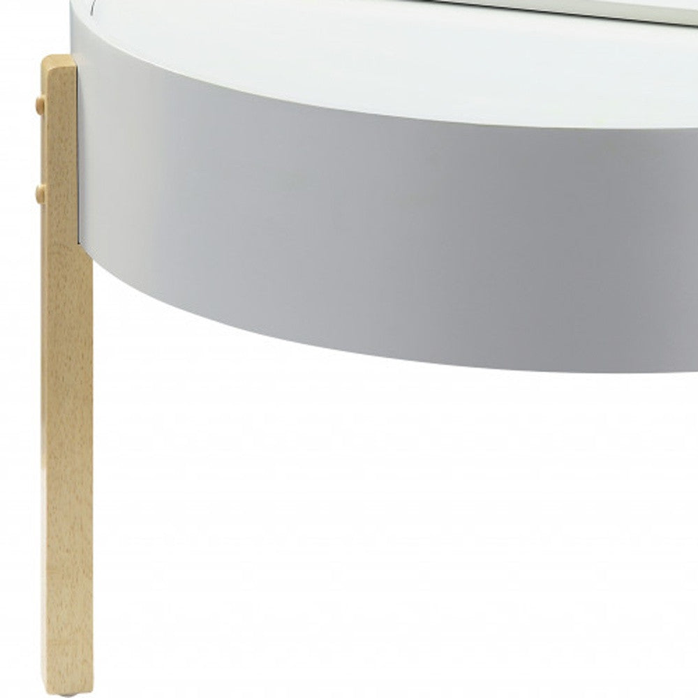 32" White and Natural Wood And Solid Wood Round Coffee Table