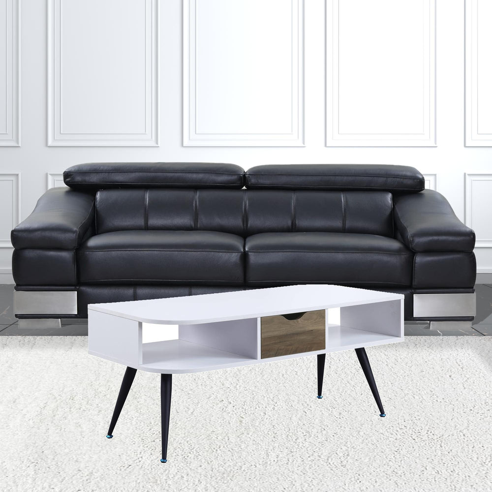 44" White and Black Melamine Veneer And Metal Coffee Table With Drawer And Shelf