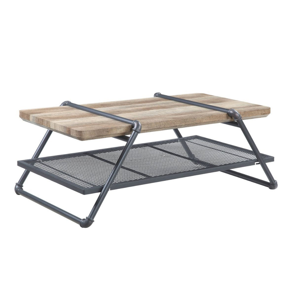 47" Natural and Gray Metal Sled Coffee Table With Shelf