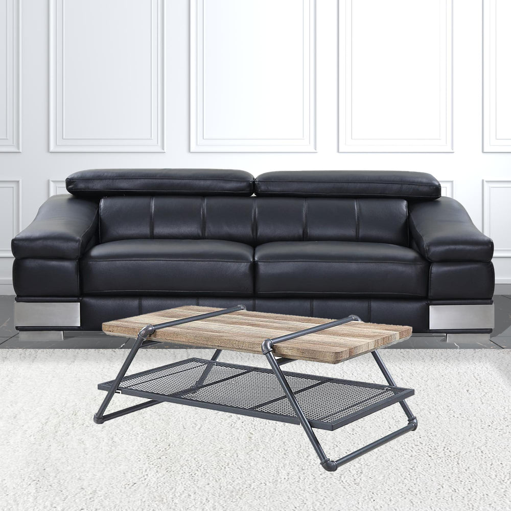 47" Natural and Gray Metal Sled Coffee Table With Shelf