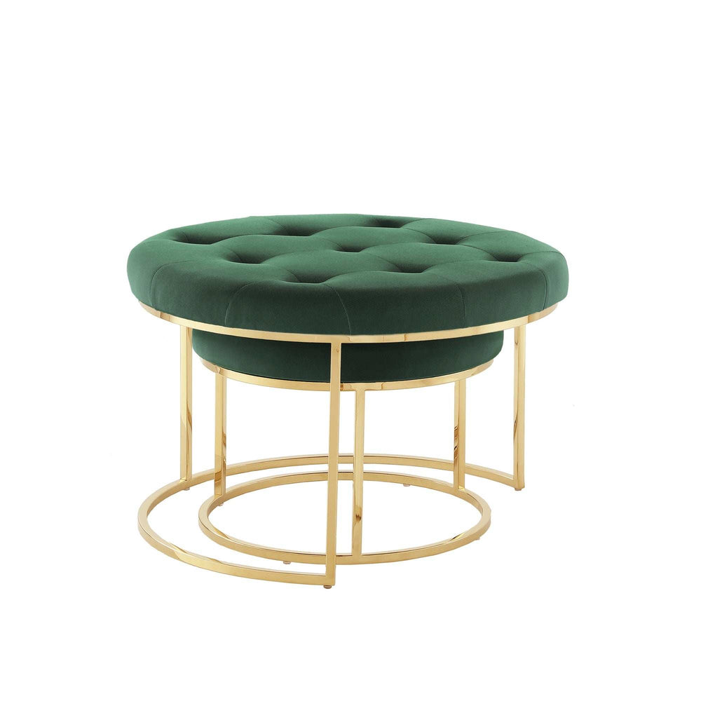 Set of Two Green Velvet and Gold Tufted Round Ottomans - Homeroots - Flyclothing LLC