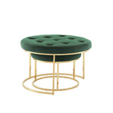 Set of Two Green Velvet and Gold Tufted Round Ottomans - Homeroots - Flyclothing LLC