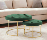 Set of Two Green Velvet and Gold Tufted Round Ottomans - Homeroots - Flyclothing LLC
