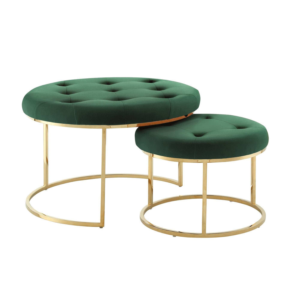 Set of Two Green Velvet and Gold Tufted Round Ottomans - Homeroots - Flyclothing LLC