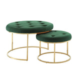 Set of Two Green Velvet and Gold Tufted Round Ottomans - Homeroots - Flyclothing LLC
