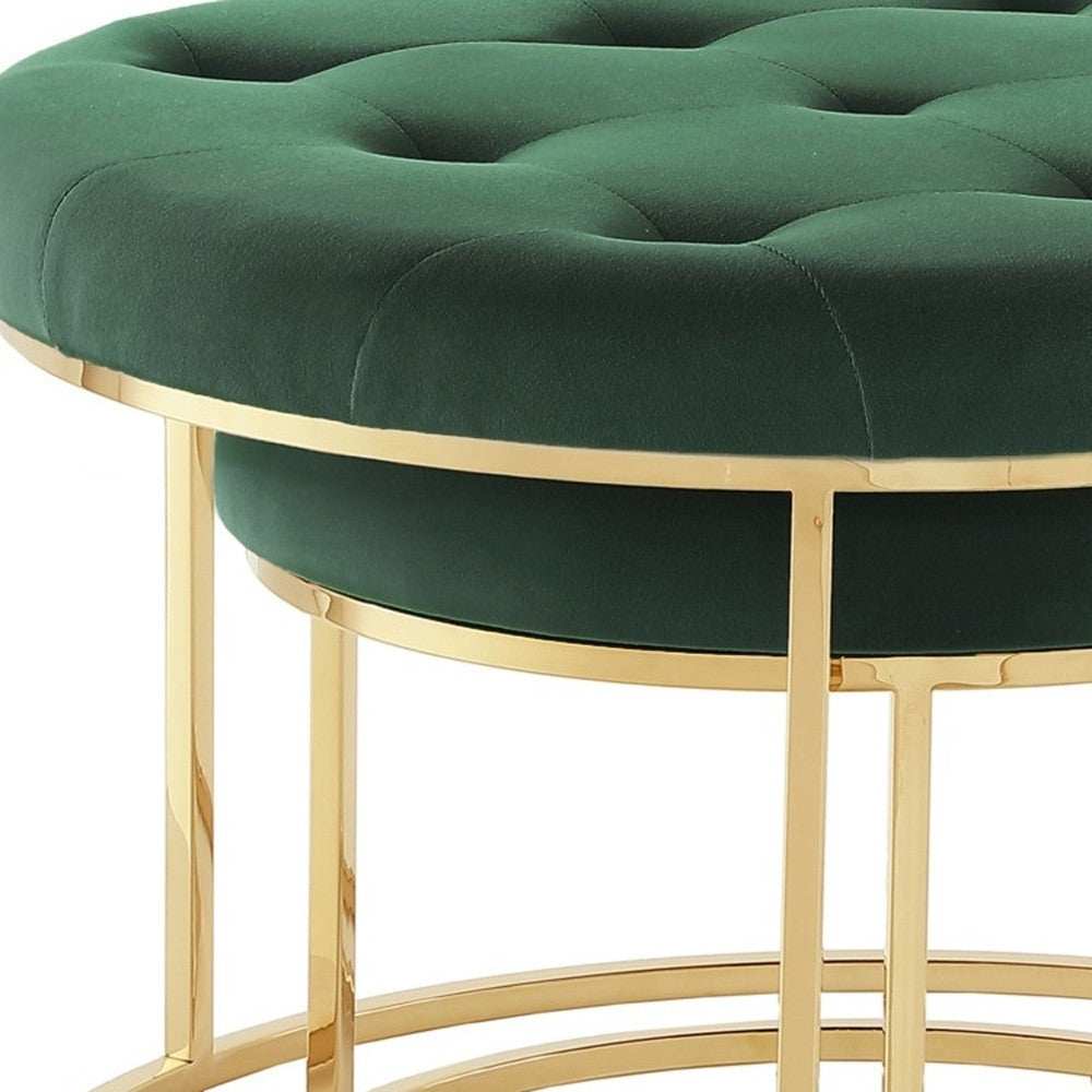 Set of Two Green Velvet and Gold Tufted Round Ottomans - Homeroots - Flyclothing LLC