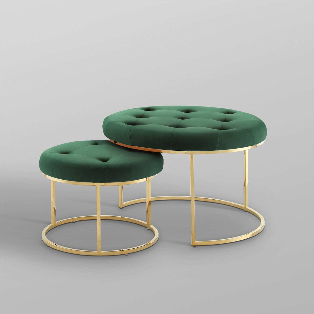 Set of Two Green Velvet and Gold Tufted Round Ottomans - Homeroots - Flyclothing LLC