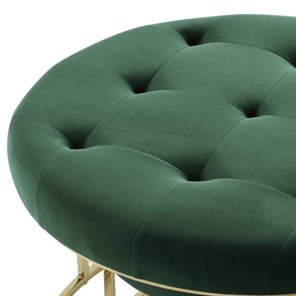 Set of Two Green Velvet and Gold Tufted Round Ottomans - Homeroots - Flyclothing LLC