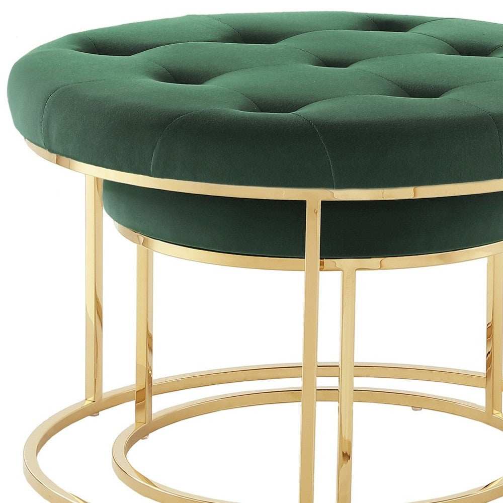 Set of Two Green Velvet and Gold Tufted Round Ottomans - Homeroots - Flyclothing LLC