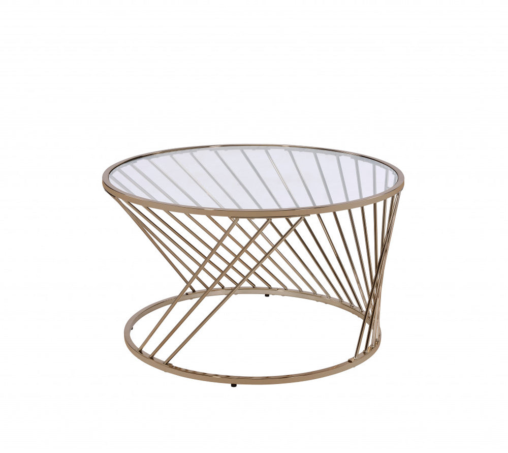 32" Clear and Champagne Glass And Metal Round Frame Coffee Table