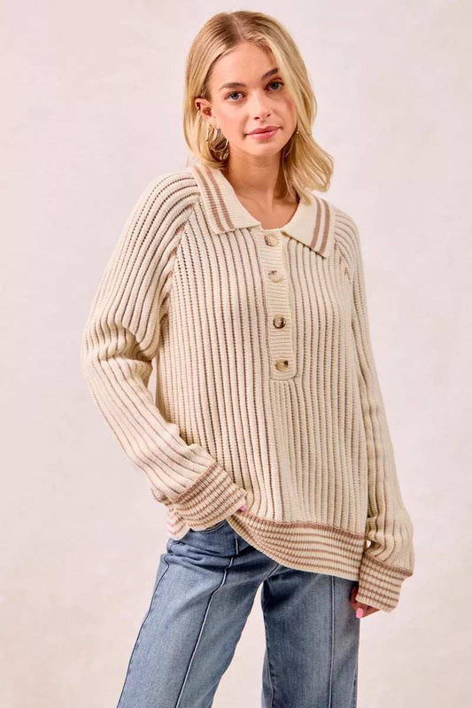 BiBi Half Button Ribbed Two Tone Sweater - Trendsi - Flyclothing LLC