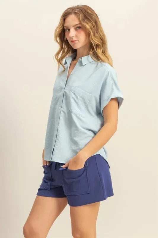 HYFVE Button Down Collared Neck Short Sleeve Shirt - Trendsi - Flyclothing LLC