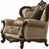49" Tan and Brown Fabric Damask Tufted Wingback Chair And Toss Pillows