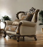 49" Tan and Brown Fabric Damask Tufted Wingback Chair And Toss Pillows