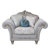 62" Light Gray and Platinum Linen Floral Club Chair And Toss Pillows
