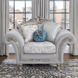 62" Light Gray and Platinum Linen Floral Club Chair And Toss Pillows