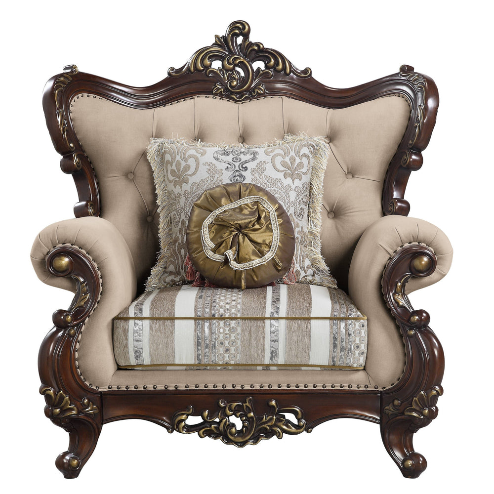 48" Beige and Brown Linen Floral Arm Chair And Toss Pillows