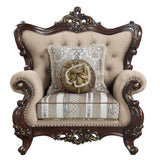 48" Beige and Brown Linen Floral Arm Chair And Toss Pillows