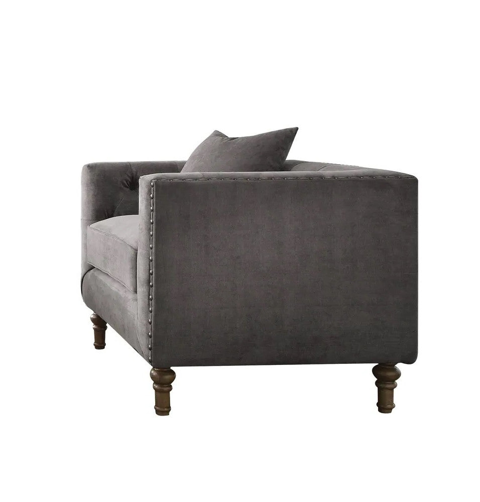 41" Gray and Antiqued Brass Velvet Tufted Arm Chair And Toss Pillow