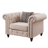 45" Beige and Black Linen Tufted Chesterfield Chair And Toss Pillow