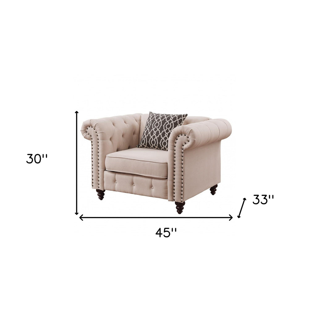 45" Beige and Black Linen Tufted Chesterfield Chair And Toss Pillow