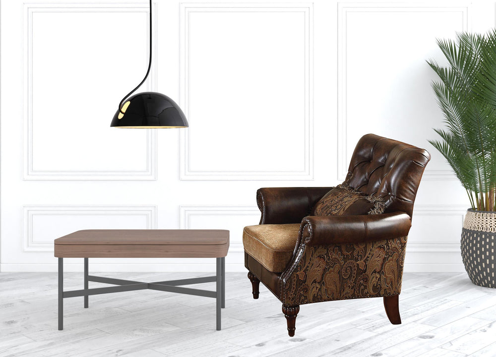 38" Brown and Black Faux Leather Floral Tufted Arm Chair And Toss Pillow