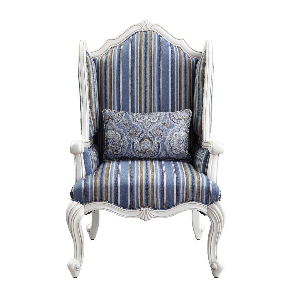 31" Blue and White Fabric Striped Wingback Chair And Toss Pillow