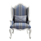 31" Blue and White Fabric Striped Wingback Chair And Toss Pillow