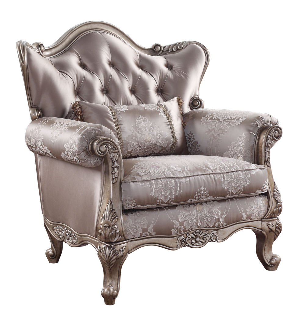 45" Champagne Fabric Floral Tufted Arm Chair And Toss Pillow