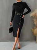 Slit Mock Neck Long Sleeve Midi Dress - Trendsi - Flyclothing LLC