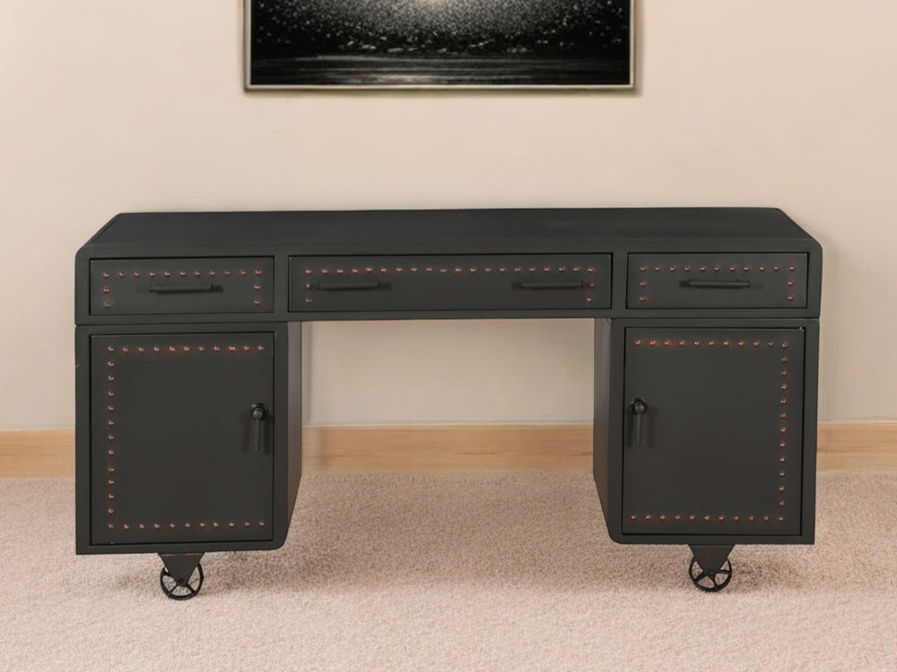 63" Gray Metal Executive Desk With Two Cabinets Three Drawers - Homeroots - Flyclothing LLC