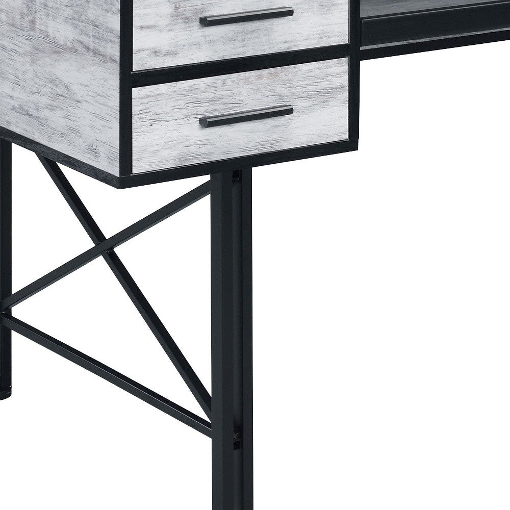 59" Antiqued White and Black Computer Desk With Five Drawers - Homeroots - Flyclothing LLC
