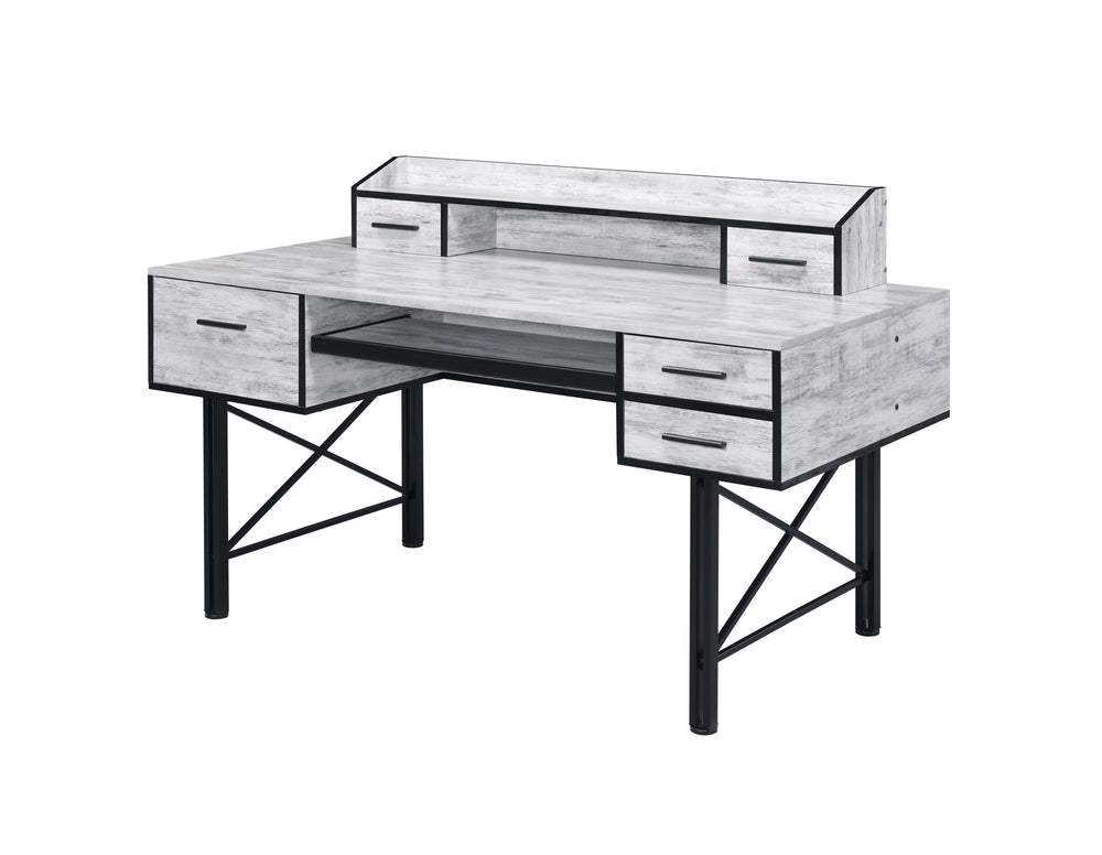 59" Antiqued White and Black Computer Desk With Five Drawers - Homeroots - Flyclothing LLC