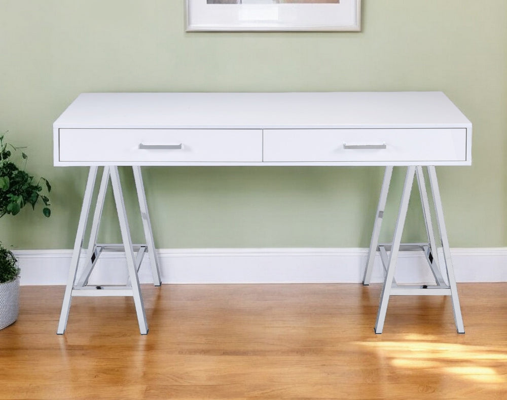 54" White and Silver Writing Desk With Two Drawers - Homeroots - Flyclothing LLC