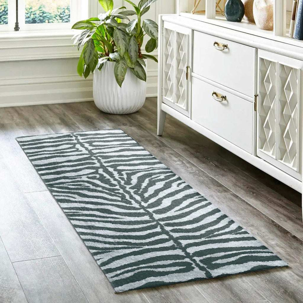 2' X 8' Grey Zebra Print Shag Handmade Non Skid Runner Rug - Homeroots - Flyclothing LLC