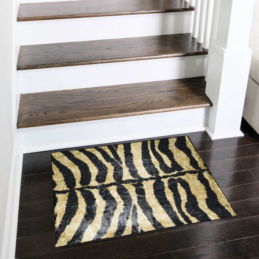 2' X 3' Black and Gold Animal Print Shag Handmade Non Skid Area Rug - Homeroots - Flyclothing LLC