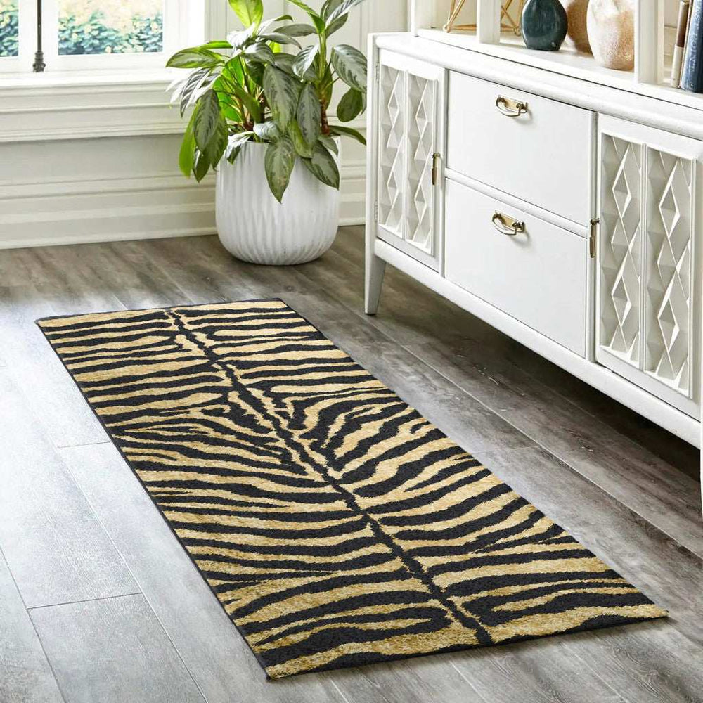 3' X 8' Black and Gold Animal Print Shag Handmade Non Skid Runner Rug - Homeroots - Flyclothing LLC