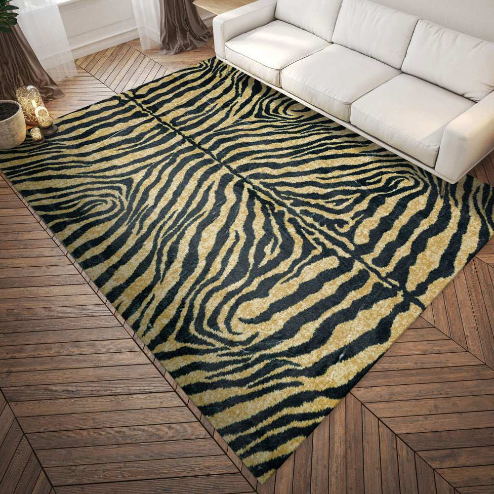 3' X 5' Black and Gold Animal Print Shag Handmade Non Skid Area Rug - Homeroots - Flyclothing LLC