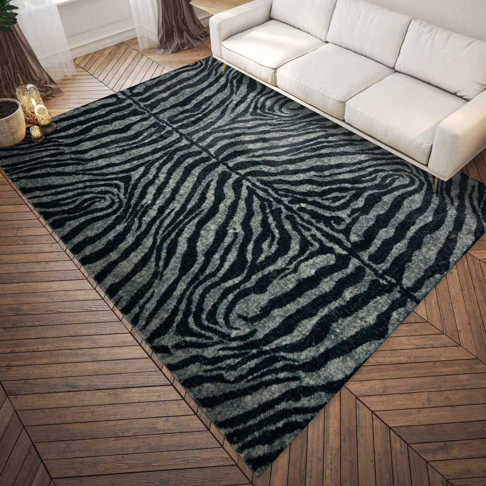 5' X 8' Black and Gray Zebra Print Shag Handmade Non Skid Area Rug - Homeroots - Flyclothing LLC