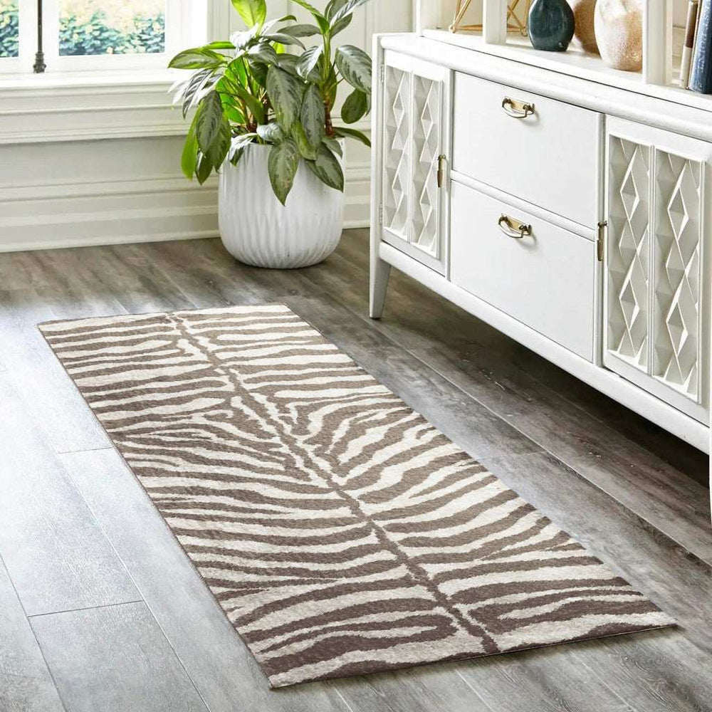 2' X 8' Mocha and Cream Zebra Print Shag Handmade Non Skid Runner Rug - Homeroots - Flyclothing LLC