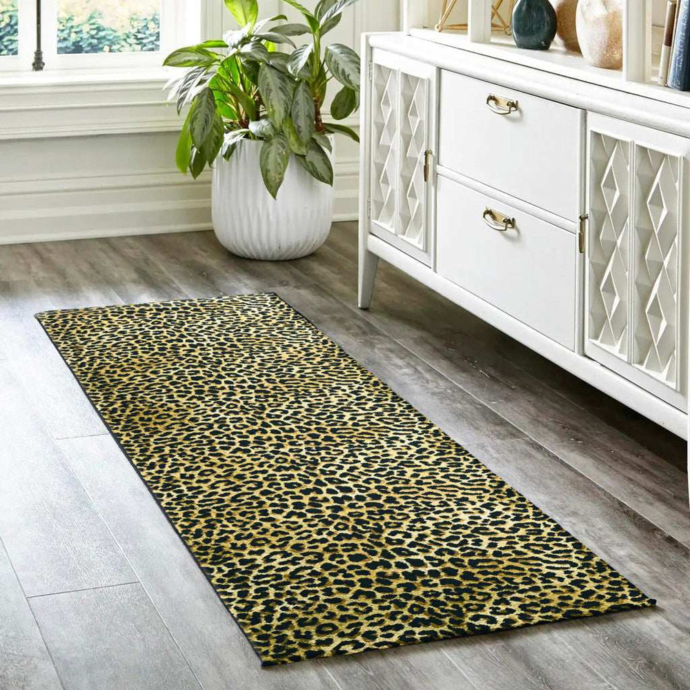 2' X 8' Black and Gold Leopard Print Shag Handmade Non Skid Runner Rug - Homeroots - Flyclothing LLC