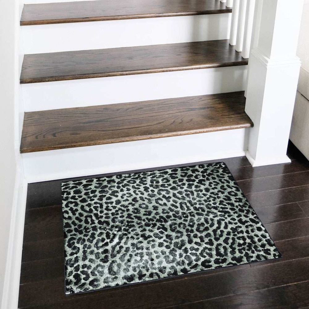 2' X 3' Black and Gray Leopard Print Shag Handmade Non Skid Area Rug - Homeroots - Flyclothing LLC