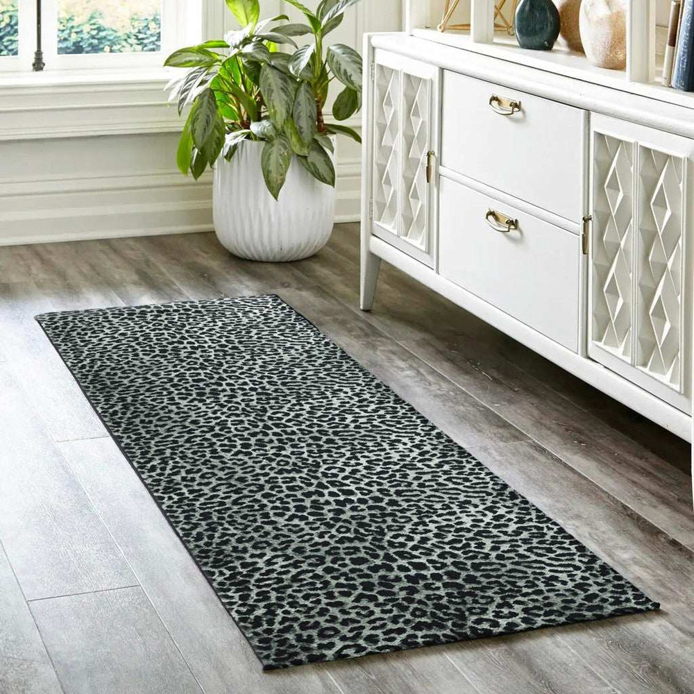 2' X 8' Black and Gray Leopard Print Shag Handmade Non Skid Runner Rug - Homeroots - Flyclothing LLC