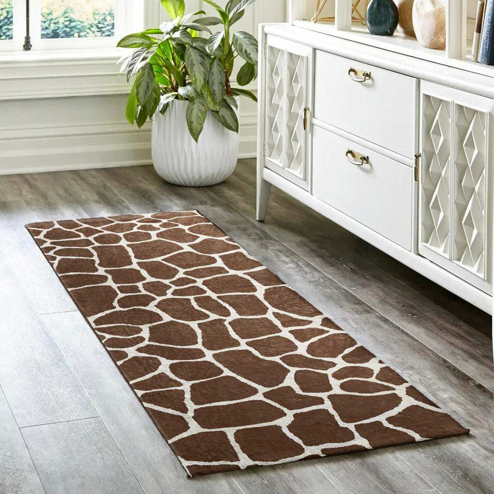 8' Brown and Ivory Animal Print Handmade Non Skid Runner Rug - Homeroots - Flyclothing LLC