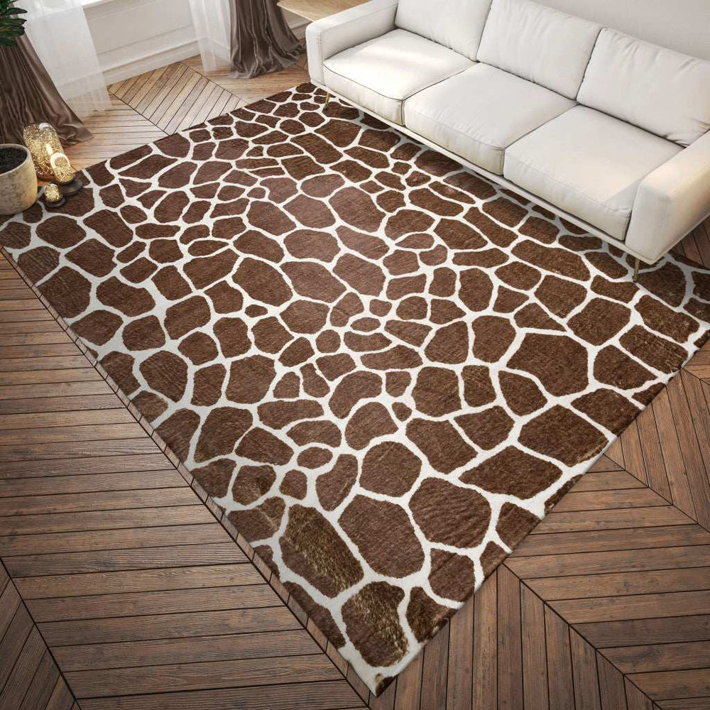 3' X 5' Brown and White Animal Print Shag Non Skid Area Rug - Homeroots - Flyclothing LLC